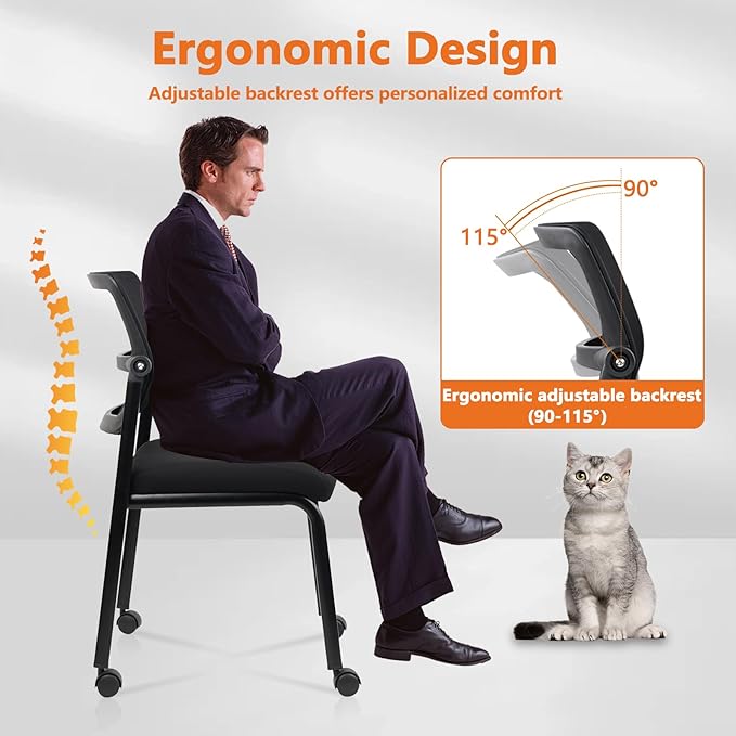 CLATINA Stacking Armless Office Waiting Room Chair with Wheels, Stackable Mesh Guest Reception Desk Chairs with Adjustable Backrest for Conference Lobby Side School, Black, 4 Pack-DeskLoop Office