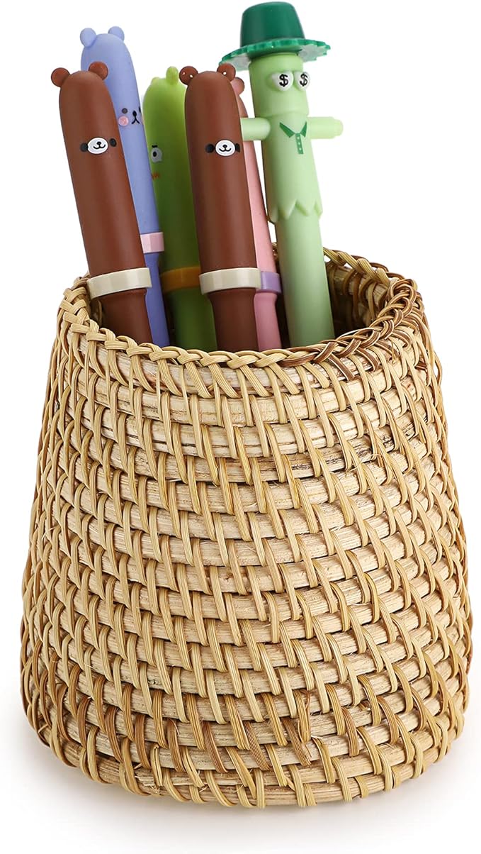 BTSKY Rattan Pen Cup, Handmade Desk Pencil Holders Makeup Brush Holder by BTSKY