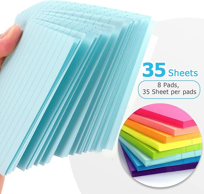Eastern Wolf 8 Pads Lined Sticky Notes 4x6 Sticky Notes with Lines Self-Stick Note Pads 8 Bright Multi Colors, 35 Sheet/Pad-DeskLoop Office
