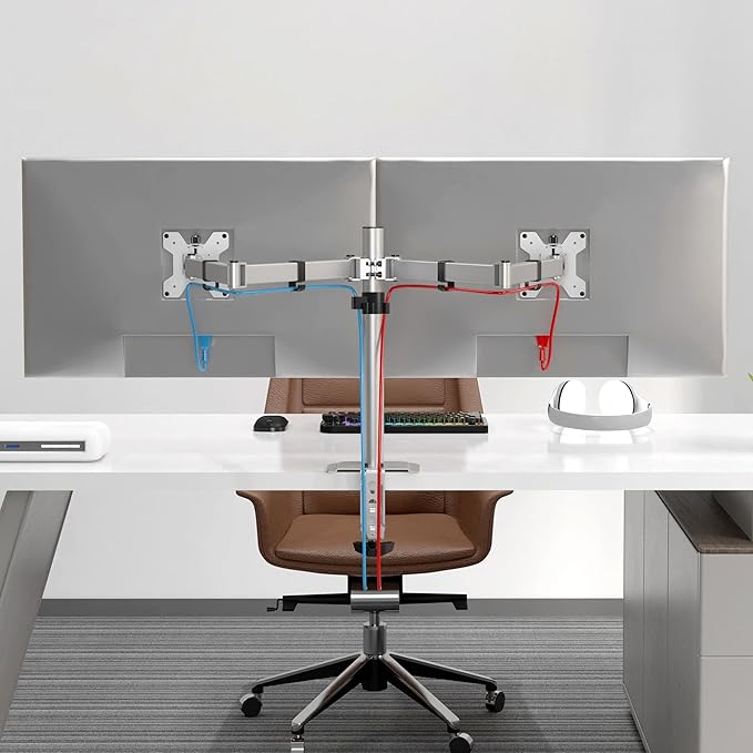 Pholiten Dual Monitor Stand, Heavy Duty Adjustable Monitor Arm Desk Mount for 2 Screens up to 42Inches, Tilt, Swivel, Rotate, Supports Tilt, Swivel, Rotate, Supports 22 lbs per Arm,Silver-DeskLoop Office