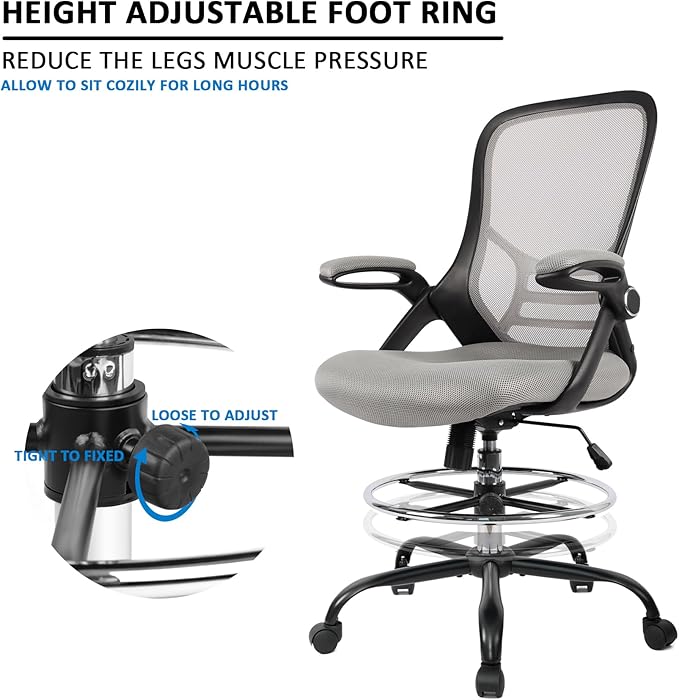 HYLONE Drafting Chair, Tall Office Chair Standing Desk Chair Grey Mesh High-Back Drafting Stool with Flip-Up Arms, Adjustable Foot Ring-DeskLoop Office