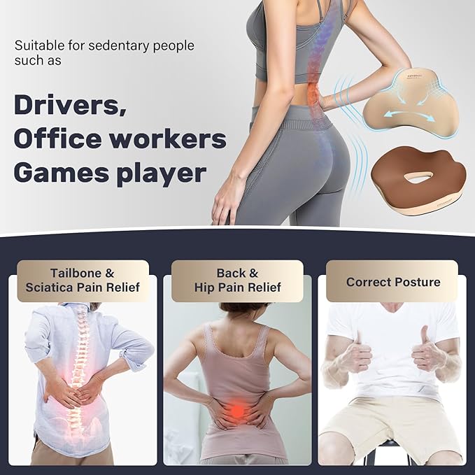 Coverado Seat Cushion and Lumbar Support Pillow for Car Office Chair, Ergonomic Memory Foam Desk Chair Cushion Back Support Pillow, Sciatica & Back & Tailbone Pain Relief Cushion-Beige-DeskLoop Office