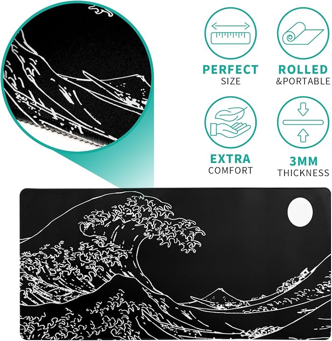Japanese Sea Wave Gaming Mouse Pad 27.6x11.8 Inch Anime Black Large Mousepad - Image 5
