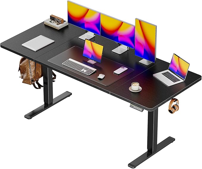 Huuger 63 x 28 Large Electric Standing Desk, Height Adjustable Computer Desk, 27.6" Deep Desktop, Stand up Gaming Office Table with 2 Hooks, 3 Preset Heights, for Home Office, Black-DeskLoop Office