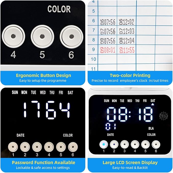 Time Clock Bundle for Small Business, Passcode Time Clock Punch Machine with 200 Time Cards, 4 Ink Ribbons, 2 Ten-Slot Time Card Racks, Auto-Align Clock in Machine for Employees-DeskLoop Office