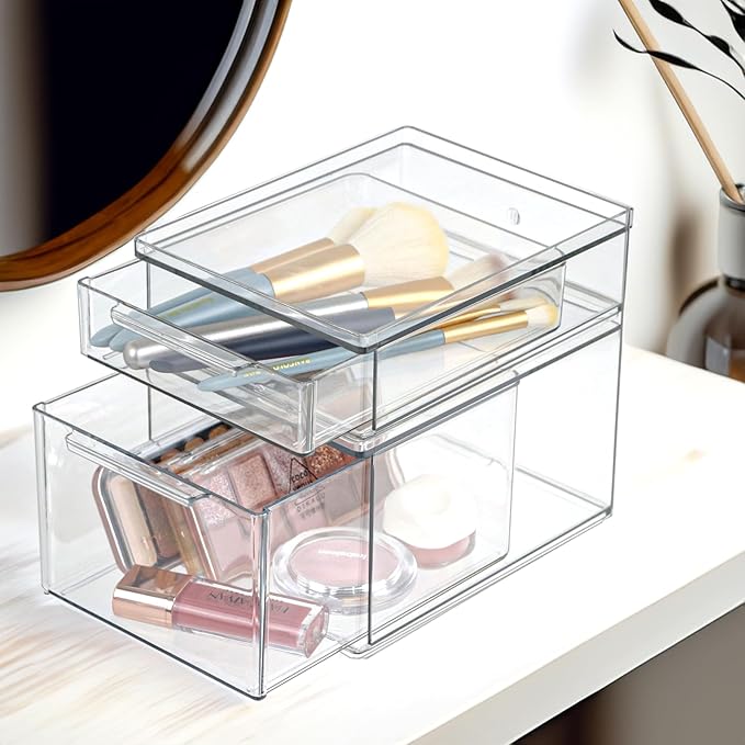 Set of 2 Stackable Storage Drawers - 6.7" Clear Plastic Drawer Storage, Acrylic Makeup Organizer, Desk Counter Cabinet Office Organizer, Bathroom Organizers and Storage (Modern/Set of 2)-DeskLoop Office
