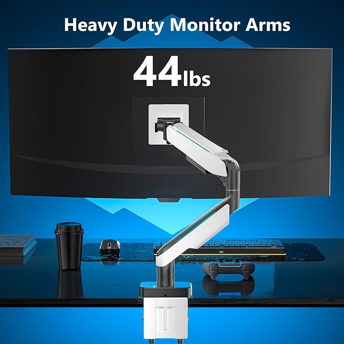 WALI Heavy Duty Monitor Arm, Monitor Stand for Screen up to 49 inch, 44 lbs, Aluminum Ultrawide Computer Mount for Samsung Odyssey G9, Adjustable, Mounting Holes 75 and 100 (GAM001XL), White-DeskLoop Office