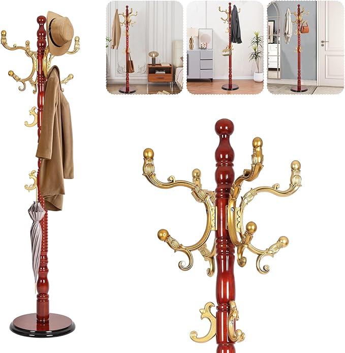 Solid Wood Coat Rack – 73" Freestanding Coat Racks Stand with 14 Hooks & Stable Base, Adjustable Height Modern Wooden Hall Tree for Entryway, Bedroom, Office, Home (Begonia Round)-DeskLoop Office