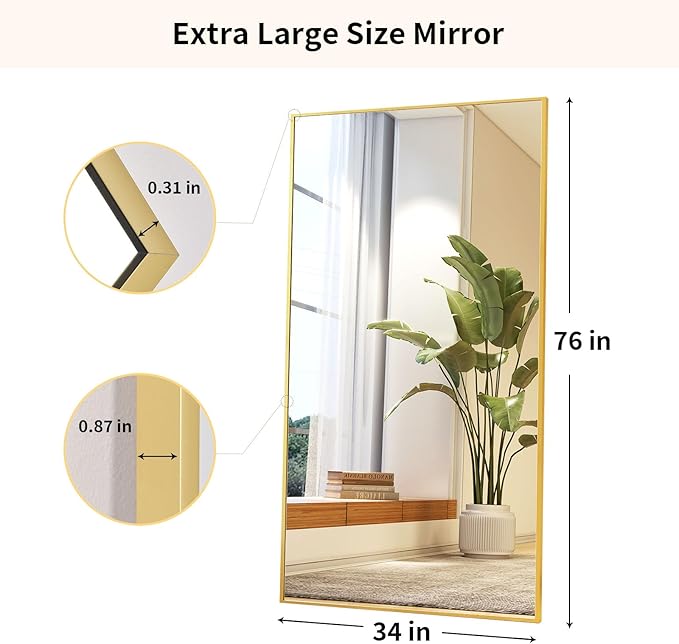 Full Length Mirror with Stand 34"x76" Full Body Mirror Floor Mirror Standing Hanging or Leaning Wall, Wall Mirror with Stand Aluminum Alloy Frame for Living Room Bedroom Cloakroom,Gold-DeskLoop Office