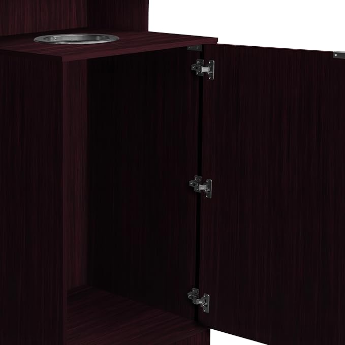 Flash Furniture Dell Trash Can Enclosure with Tray Shelf and 8" Drop Hole, Commercial Grade Trash Receptacle for 32 Gallon Round Cans, Swing Door Access, Mahogany-DeskLoop Office