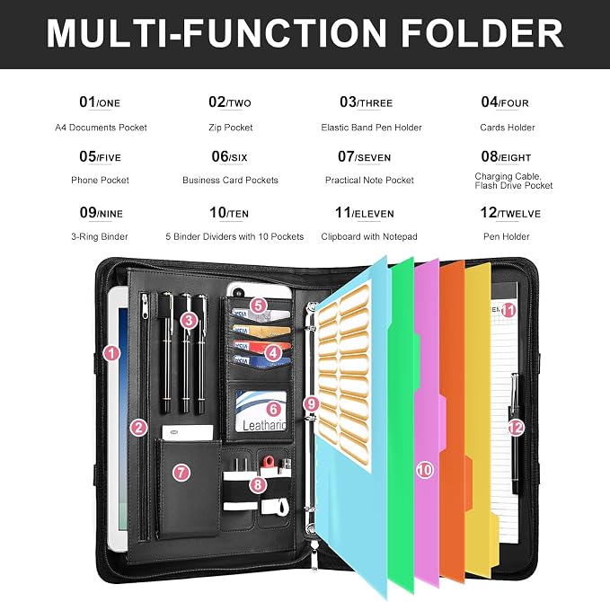 Leathario Portfolio Binder, Includes 5 Folder Index Dividers, 13 Inch Tablets - Image 5