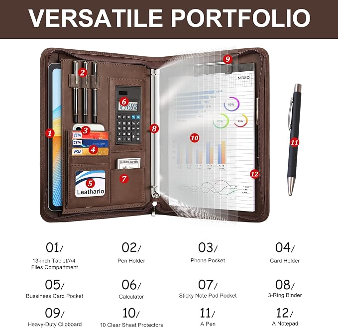 Leathario Portfolio Binder, 3-Ring Folder Organizer, Includes 10 Sheet - Image 6