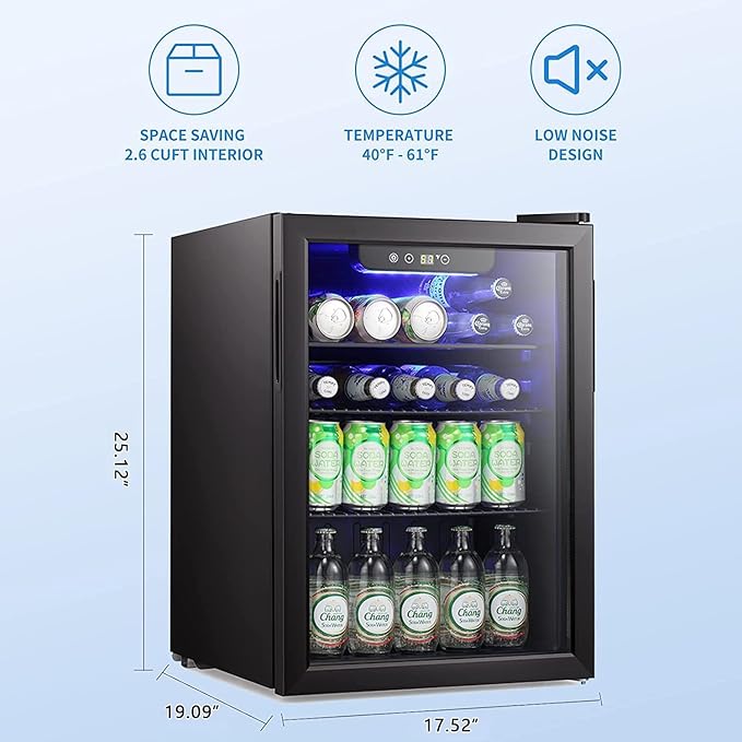 Antarctic Star Mini Fridge-95 Can Beverage Refrigerator Wine Cooler Clear Front Glass Door Small Drink Touch Screen for Soda Beer Bar Office Home 2.6 cu.ft-DeskLoop Office