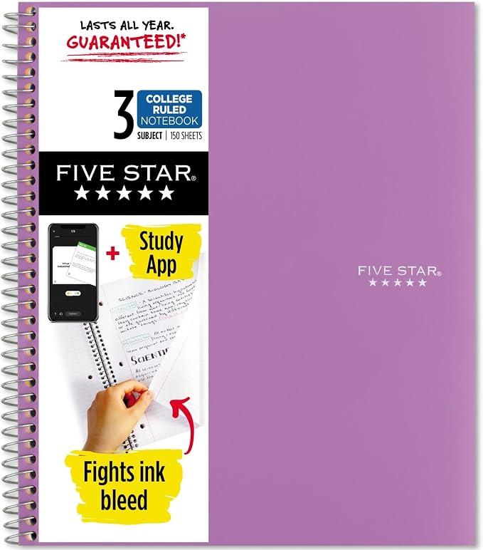 Five Star Spiral Notebook + Study App, 3 Subject, College Ruled Paper, 8-1/2" x by FiveStar