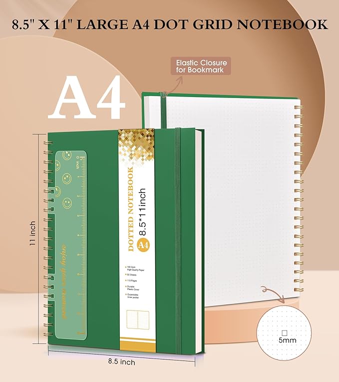 Dotted Notebook, Spiral Notebook Journal 8.5” x 11”, A4 Large Dot Grid Notebooks for Women Men, 100 GSM Dotted Paper, Plastic Hardcover Spiral Bullet Journals for Work School Sketching, Green-DeskLoop Office