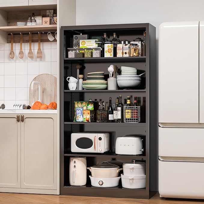 5 Tier Metal Bookshelf, 66" Tall Bookcase, Adjustable Book Shelves, Modern Black Book Shelf Storage Shelves for Bedroom, Living Room, Office, Library, Classroom, School-DeskLoop Office