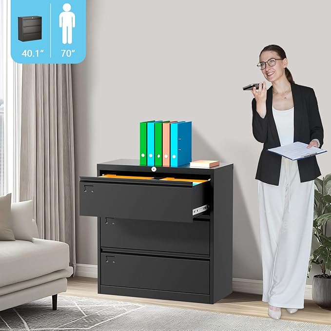 40inch Steel 3 Drawer Lateral Filing Cabinet - Lockable Metal Filing Storage, Home Office Organization, Fits Hanging Letter/Legal/F4/A4, Durable 0.6MM Coated Steel (Black)-DeskLoop Office