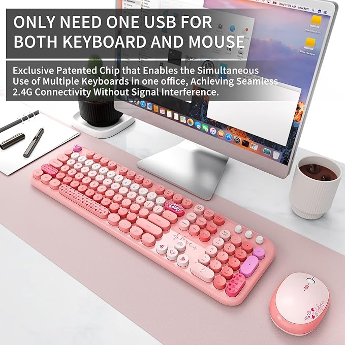Wireless Keyboard and Mouse Combo, 104 Round Keys Full-Size Cute Colorful Pink Cordless Keyboard and Mouse with Retro Typewriter for PC/Mac/Laptop/Tablet/Computer/Windows Pink-DeskLoop Office