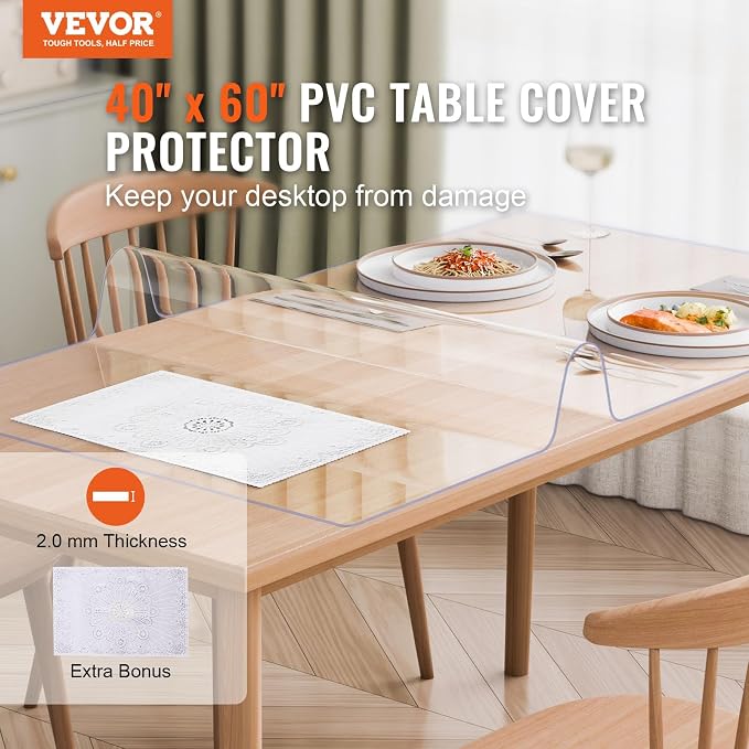 VEVOR Plastic Table Cover, 40 x 60 Inch 2.0 mm Thick Clear PVC Table Protector - Image 2