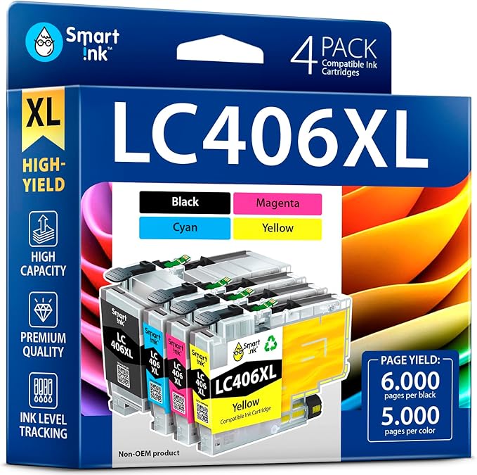 Smart Ink Compatible Ink Cartridges Replacement for Brother LC406 XL LC406XL for Brother Printer MFC-J4335DW MFC-J4535DW MFC-J5855DW MFC-J6555DW MFC-J4345DW XL (4 Pack, Black, Cyan, Magenta, Yellow)-DeskLoop Office
