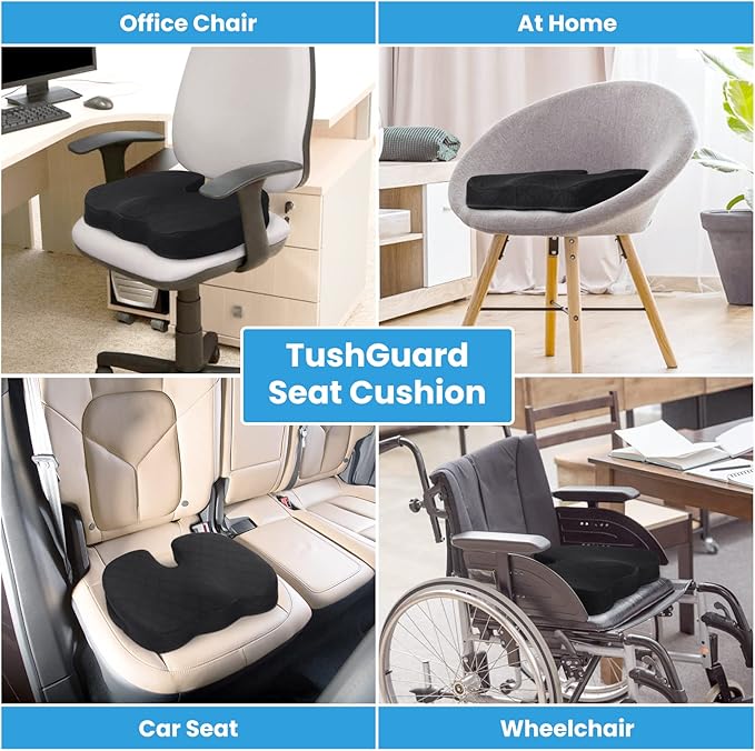 TushGuard Seat Cushion - Cushion for Office Chair, Car Seat, Airplane, Bleacher - Sciatica & Coccyx Pain Relief Desk Chair Cushion for Long Sitting Office Workers, Car Drivers(Black, XX-Large)-DeskLoop Office