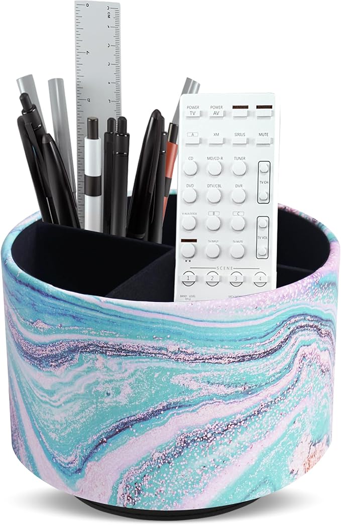 Round Leather Art Supply Organizer,Remote Control Holder,360-degree Rotating Pen Organizer with 4 Compartments(1-Pink Green Splash Ink)-DeskLoop Office
