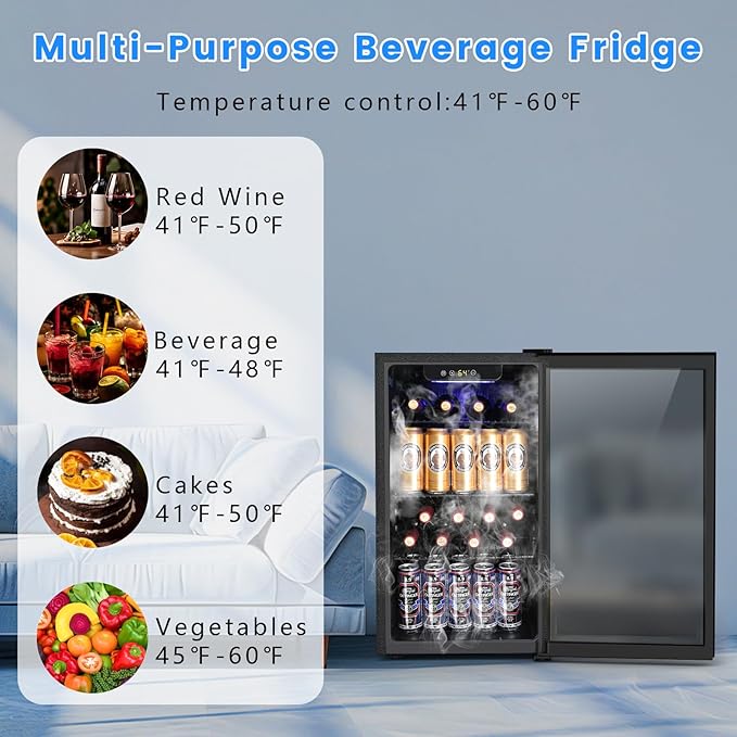 26 Bottle Wine Cooler 130 Can Beverage Refrigerator, Small Freestanding Cabinet Wine Cellar with 40℉-61℉ Temperature Control Glass Door, Black-DeskLoop Office
