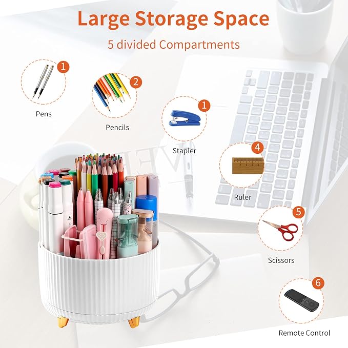 Desk Pencil Pen Holder, 5 Slots 360°Degree Rotating Pen Organizers - Image 3