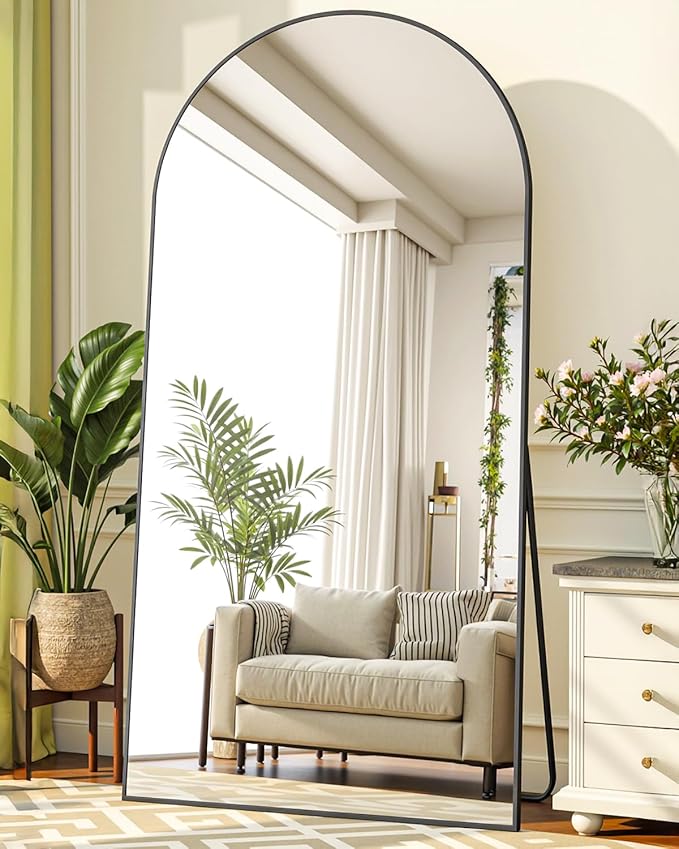 Full-Length Floor Mirror with Stand, 78"x38" Arched Style Full Body Standing Mirror for Bedroom, Living Room, Gym, Dorm - Shatter-Resistant & Easy Assembly, Black-DeskLoop Office