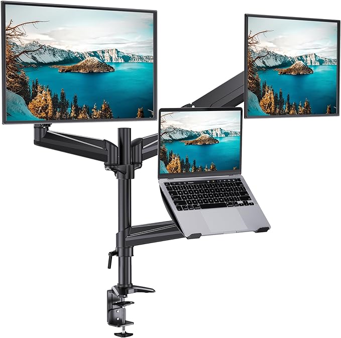 HUANUO Dual Monitor and Laptop Mount for Max 32” Monitor and 17” Laptop, Adjustable Spring Arm with Tilt, Swivel and Rotation, Dual Monitor and Notebook Stand with VESA Bracket 75/100 mm-DeskLoop Office