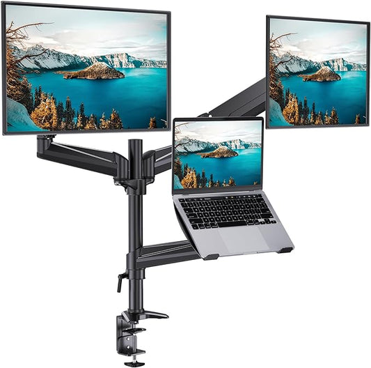 HUANUO Dual Monitor and Laptop Mount for Max 32” Monitor and 17” Laptop, Adjustable Spring Arm with Tilt, Swivel and Rotation, Dual Monitor and Notebook Stand with VESA Bracket 75/100 mm-DeskLoop Office