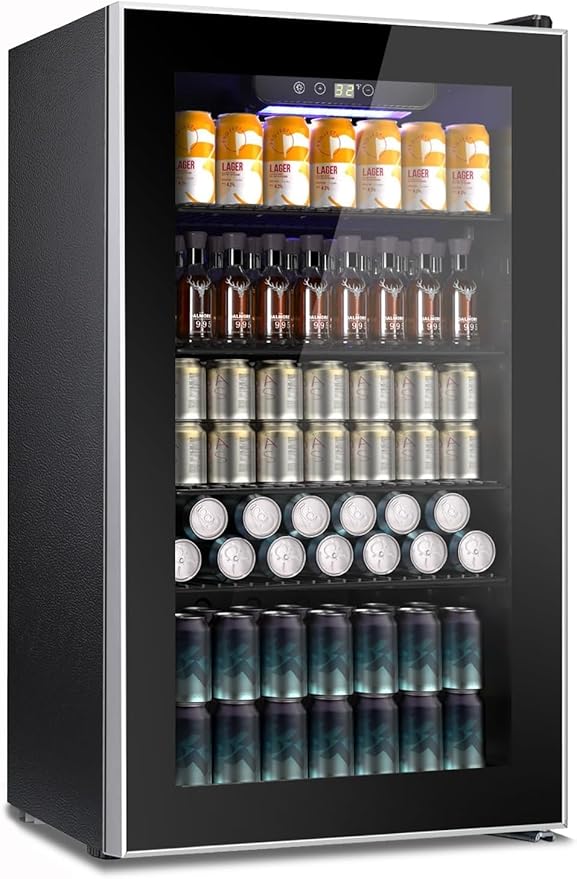 Kndko Beverage Refrigerator Cooler - 130 Can Mini Fridge with Adjustable Shelves, Glass Door, Digital Temperature Control, LED Lighting, Energy Efficient for Home, Office, Bar - 3.2 Cu.Ft, Black-DeskLoop Office