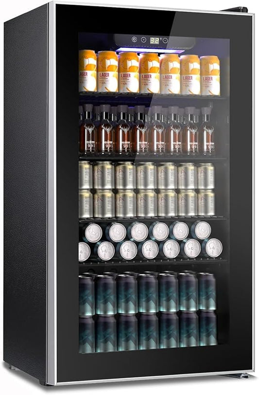 Kndko Beverage Refrigerator Cooler - 130 Can Mini Fridge with Adjustable Shelves, Glass Door, Digital Temperature Control, LED Lighting, Energy Efficient for Home, Office, Bar - 3.2 Cu.Ft, Black-DeskLoop Office
