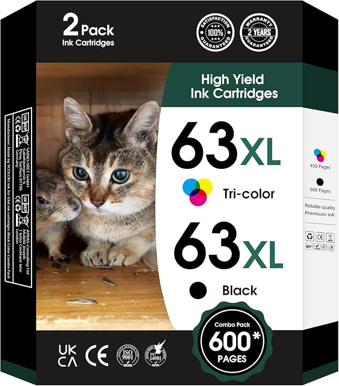 63XL Ink Cartridges Black and Color Replacement for HP Ink 63 XL 63xl Black Ink Cartridge Work with HP63 3830 4650 4652 4655 5200 5252 5255 5258 4520 4512 1112 2132 3630 3632 Printers 2PK-DeskLoop Office