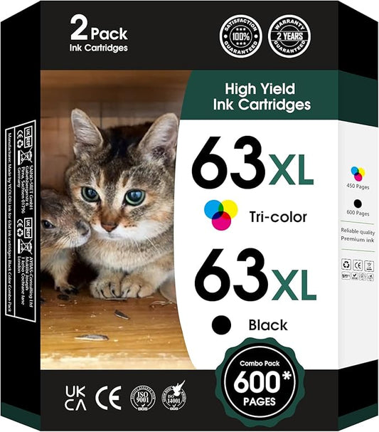 63XL Ink Cartridges Black and Color Replacement for HP Ink 63 XL 63xl Black Ink Cartridge Work with HP63 3830 4650 4652 4655 5200 5252 5255 5258 4520 4512 1112 2132 3630 3632 Printers 2PK-DeskLoop Office