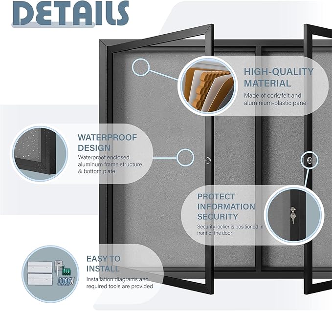 Enclosed Bulletin Board Outdoor Noticeboard with Locking Door, Weather-Resistant, Grey Felt, Black Aluminum Frame, 48 x 34 in-DeskLoop Office