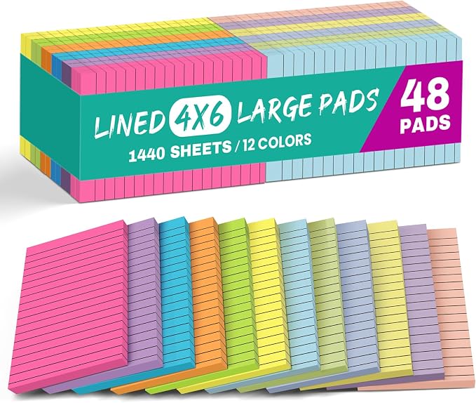 Lined Sticky Notes, 48 Pads, 4x6 Inches, Large Sticky Notes by Taja