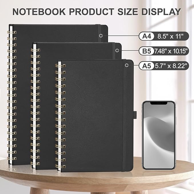 AHGXG Lined Spiral Journal Notebook, B5 Large Notebooks for Women Men, 140 Pages Hardcover Leather Notebook College Ruled, 100 GSM Paper, Notebooks for Work School Note Taking, 7.6" x 10", Black-DeskLoop Office