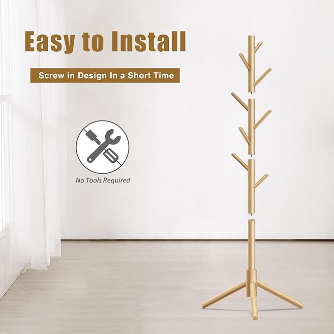 Wooden Coat Rack, Free Standing Coat Rack with 8 Hooks 3 Adjustable Heights for Clothes, Hats, Handbags, Coat Tree Easy Assembly for Entryway, Bedroom, Hallway, Office (New Nature)-DeskLoop Office