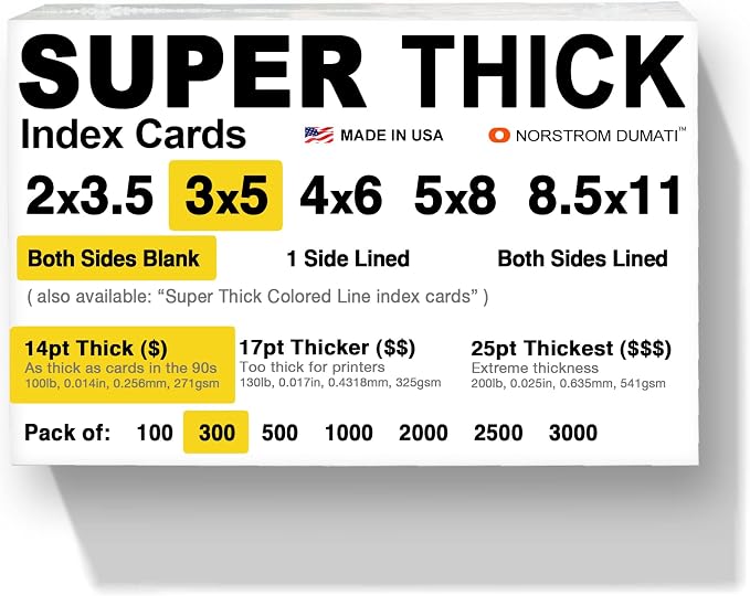 300 SUPER THICK index cards / 3"x5" / 14pt 100lb / blank un-ruled/archival by Norstrom+Dumati