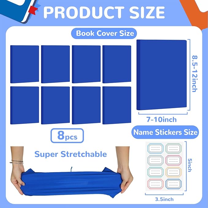 Jumbo Book Covers 8 Pack Reusable Fabric Book Cover Protective Books Covers 9 x 11 Inch Blue Stretchable Books Sleeve Cover with Label Sticker for Most Hardcover Textbooks Up to 10 x 12.5 Inch-DeskLoop Office