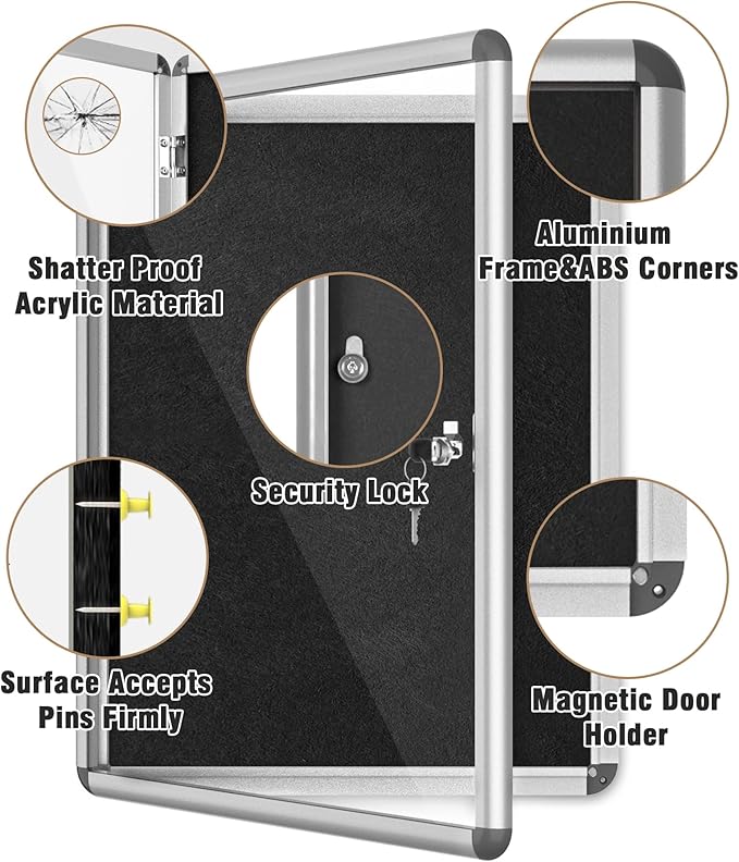 26"x20" Enclosed Bulletin Board, Lockable Weather-Resistant Aluminum Cork Noticeboard for School & Office, Silver Frame w/Black Flet-DeskLoop Office