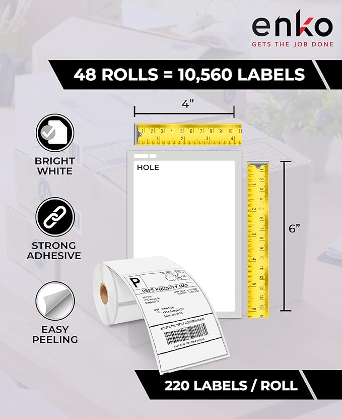 enKo Dymo 4XL Labels 4 x 6 1744907 Compatible for Dymo Labelwriter 4XL Shipping Label Thermal Printer (48 Rolls, 10,560 Labels)