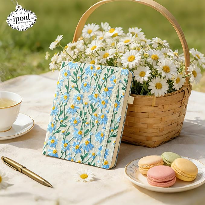 A5 Notebook, Flower Journal, Embroidered Notebook, Lay Flat, Wide Ruled Paper - Image 2