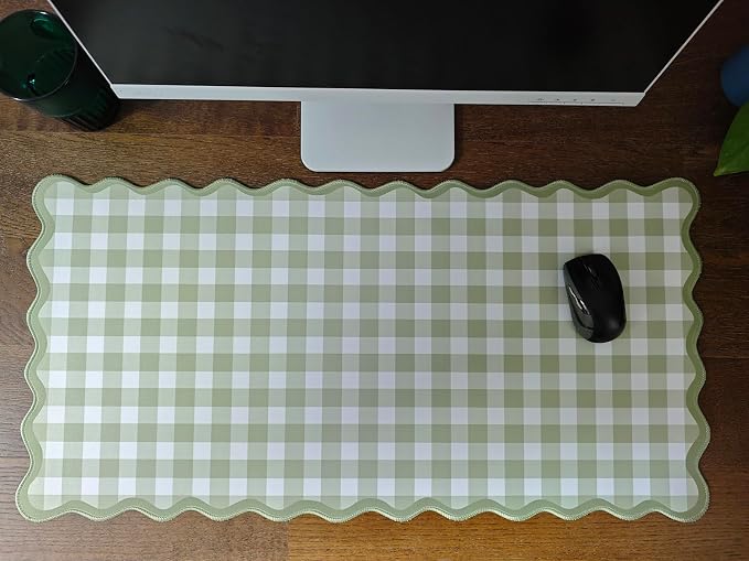 Scalloped‌ Green Checkered Desk Mat Cute Pastel Large Gaming Mouse Pad Gingham - Image 6