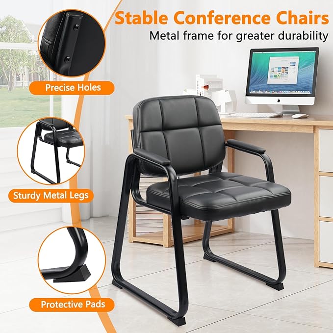 CLATINA Waiting Room Guest Chair with Bonded Leather Padded Arm Rest for Office Reception and Conference Desk Black with Sled Base 8 Pack-DeskLoop Office