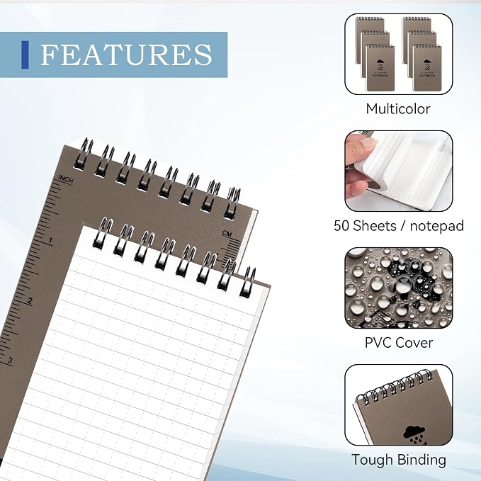 COIDEA 6 Pack Waterproof Notebook, 3 x 5 Pocket Notepad, Top-Spiral - Image 3