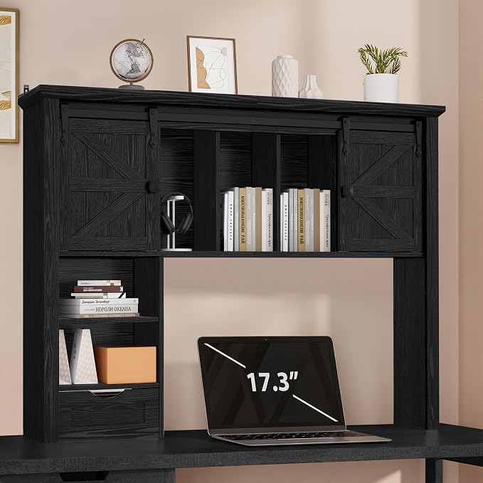 Large Desktop Bookshelf with Sliding Barn Door, 47.2''W Desk Shelf Display Rack by Homiflex