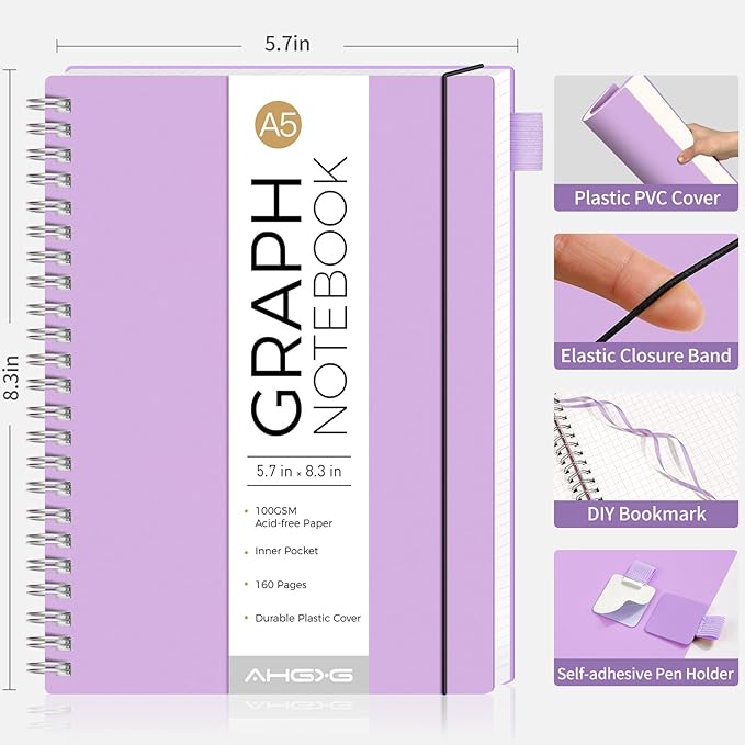 AHGXG Graph Paper Notebook - Spiral Notebook Journal 160 Pages, A5 Graph Notebook 5.7" x 8.3", 100 gsm Thick Grid Paper, Waterproof Plastic Cover, for School Writing Engineering Math, Purple-DeskLoop Office