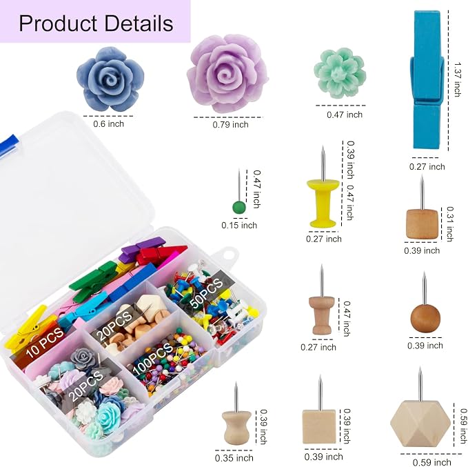 Push Pins，LYroo 200 Pcs Flower Thumb Tacks Wood Pin Board Map Tacks Marking - Image 7